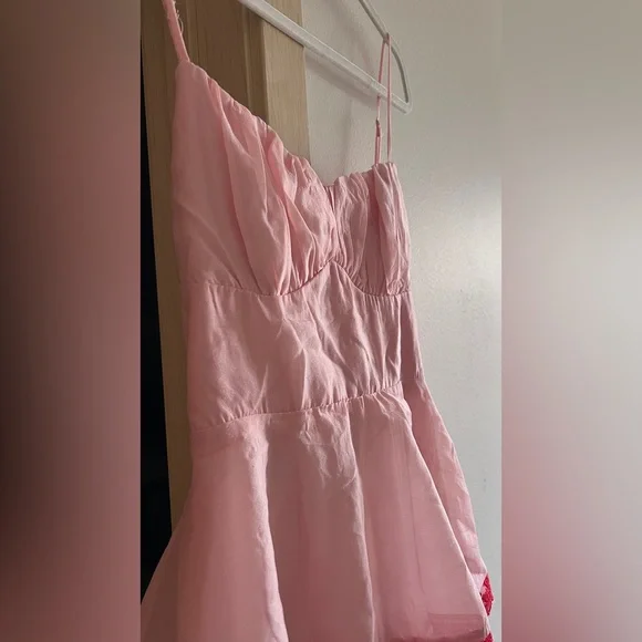 Hello Molly Blush Pink Tiered Maxi Dress with Red Lace - Picture 11 of 15